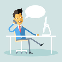 asian manager sitting at desk and talking on phone vector