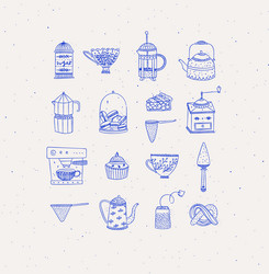 set of kitchen coffee and tea icons casual vector