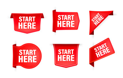 Red ribbon with text start here banner vector