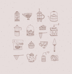 set of kitchen coffee and tea icons casual peach vector