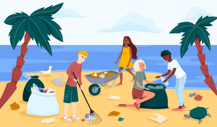 beach or coastal cleanup in trendy flat style vector