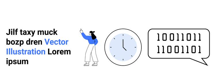 woman pointing at text near a clock and binary vector image