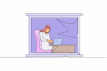 Single continuous line drawing arab man sits Vector Image