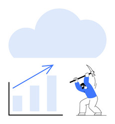 worker mining data with pickaxe beneath cloud vector image