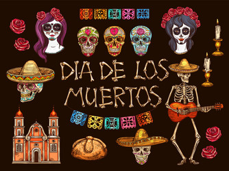 Dia de Muertos Skulls & Calaveras Vector Image