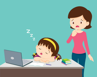 Mom looking child girl bored studying sleeps vector