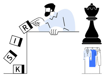 man strategizing with falling risk blocks beside vector image