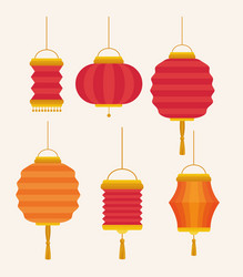 set lanterns chinese hanging on white vector image