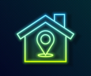 glowing neon line map pointer with house icon vector image