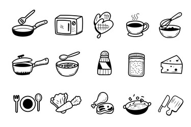 Set of kitchen and cooking icons in cute doodle vector