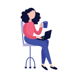 Young woman with laptop and cup of hot drink vector