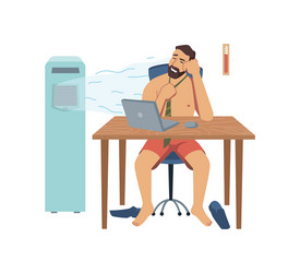 undressed man working in heat office with fan vector