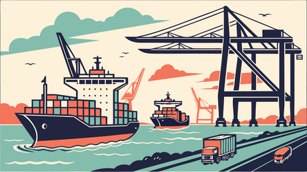 Cargo Ship with Crane at Port Vector Image