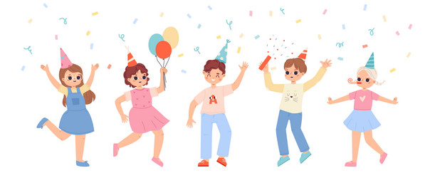 isolated birthday children characters jumping vector