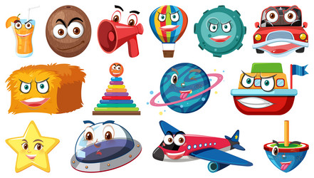set of different toy objects with smiley faces vector image