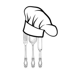 cook hat spoon fork knife catering outdoor label vector