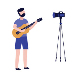 young man playing guitar and recording video vector