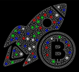 bright mesh wire frame bitcoin rocket with light vector image