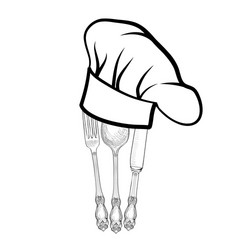 cook hat spoon fork knife catering outdoor label vector