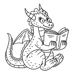 Cute Dragon Reading a Book Coloring Page Vector Image
