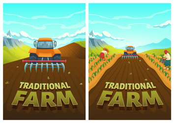 Traditional farm cartoon poster tractor plow field vector