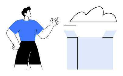 person pointing to cloud emerging from open box vector image