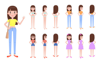 young girl with spare casual summer outfits set vector