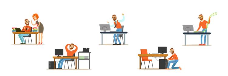 young man sysadmin character working on computer vector image
