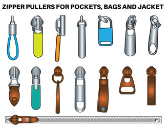Brass metal zipper puller flat sketch set Vector Image