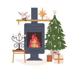 home fireplace christmas tree with ornament vector