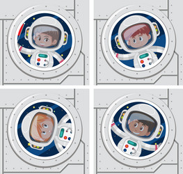 set of different astronauts at spaceship windows vector image