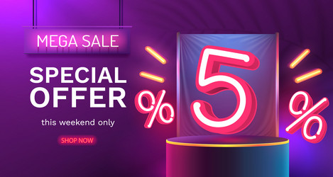 mega sale special offer neon 5 off banner vector