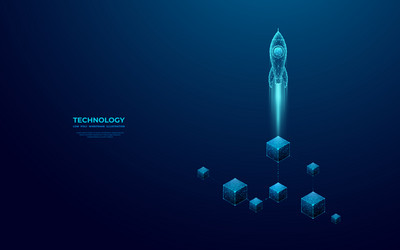 rocket launch over linked blocks on blue vector image