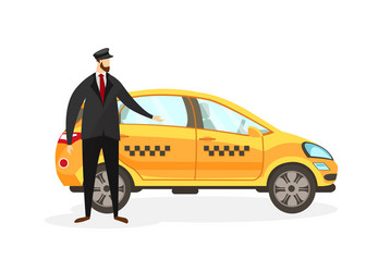 bearded taxi driver stand near yellow car clip art vector