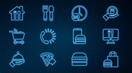 set line online ordering burger delivery vector image