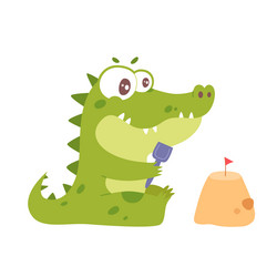 cute crocodile character building sand castle vector