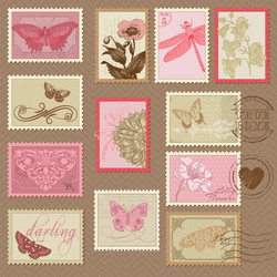Retro Postage Stamps - Floral & Butterfly Vector Image