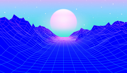 80s synthwave styled landscape with blue grid vector