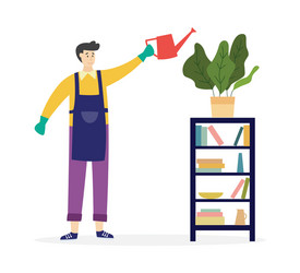 Man watering domestic houseplant in pot vector