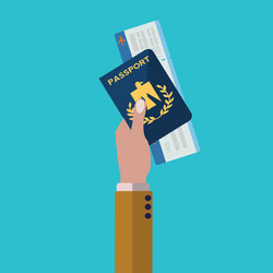 hand holding passport and plane ticket ready vector