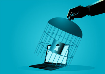 Human hand covering a laptop with bird cage vector