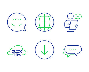 quick tips smile and globe icons set scroll down vector image