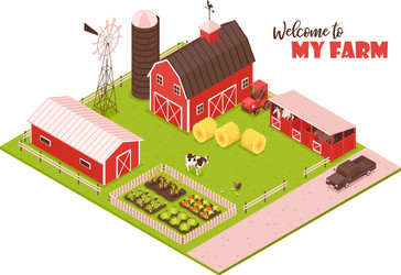3d isometric rural farm with mill garden Vector Image