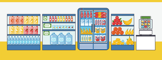 supermarket shelves and fridges with food stuff vector