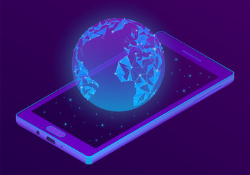 3d isometric smartphone with world hologram vector