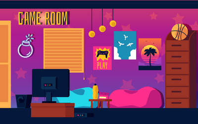 Video game room interior - cartoon banner vector