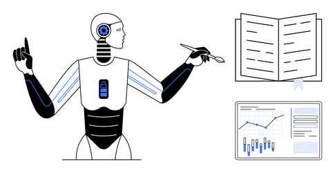 futuristic robot analyzing data and reading book vector image