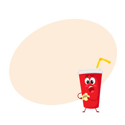 Funny soft drink paper cup character eating Vector Image