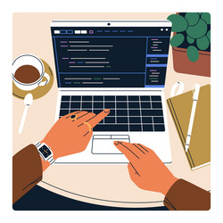 Hands work online at laptop computer desk vector