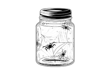 Jar with spider hand drawn ink sketch engraved vector